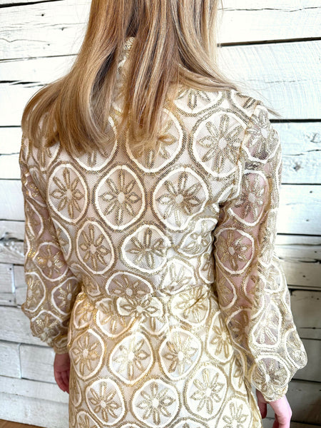 Late 1960s gold and white flower brocade two-piece set by Sodi
