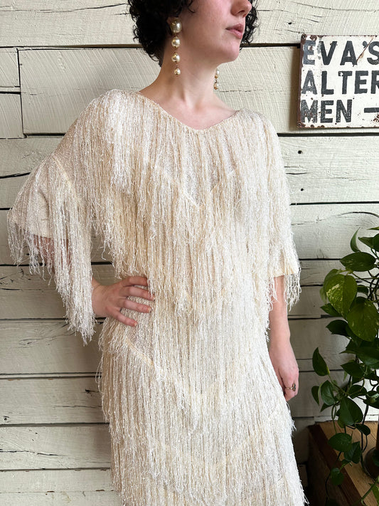 1980s cream fringe dress by Toula