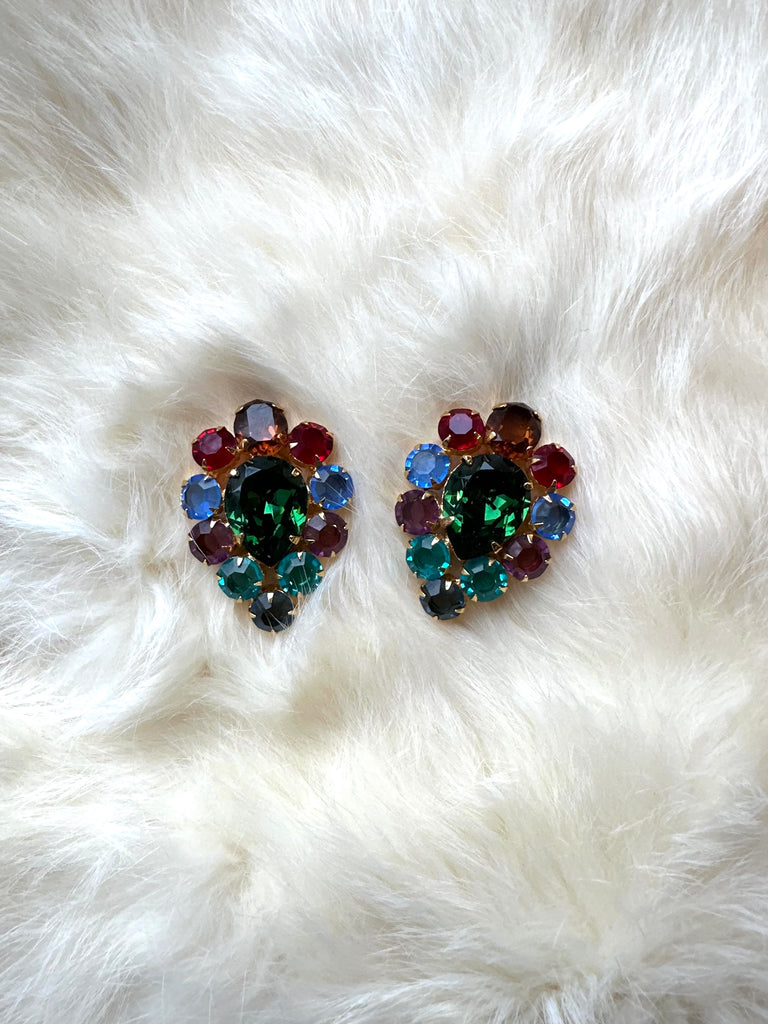 1960s rhinestone multicolored teardrop clip-on earrings