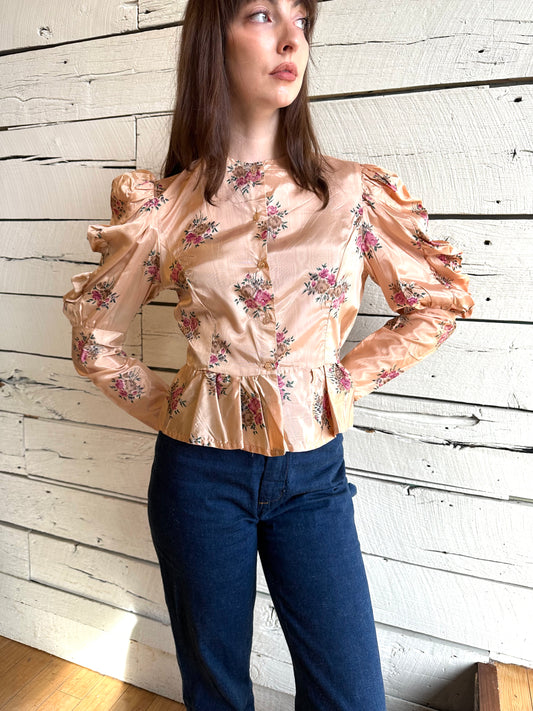 1970s puff sleeve floral blouse