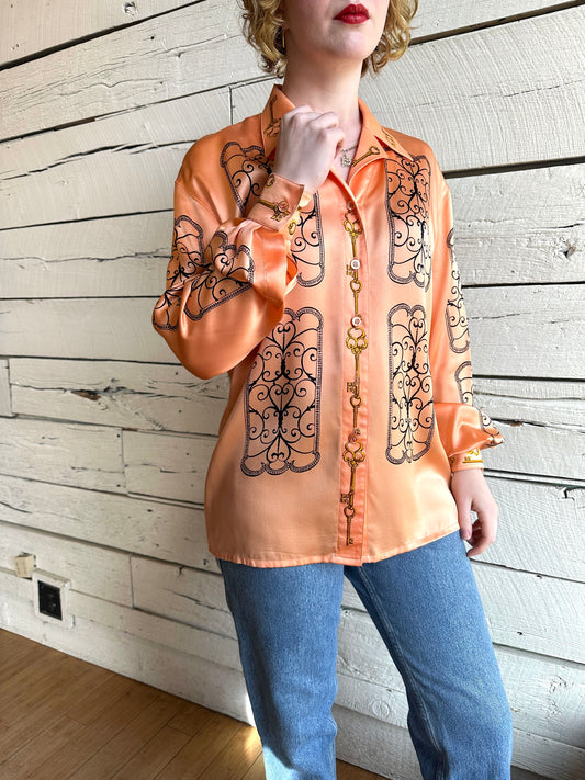 1980s Escada key print blouse