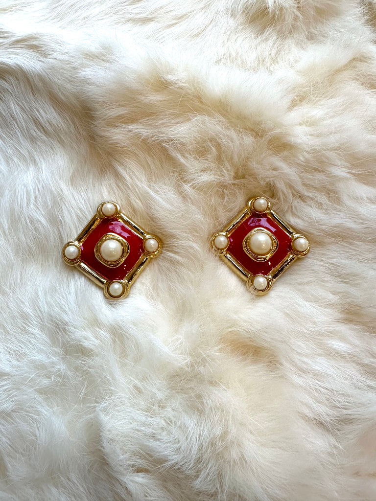 1980s red and gold faux pearl square clip-on earrings