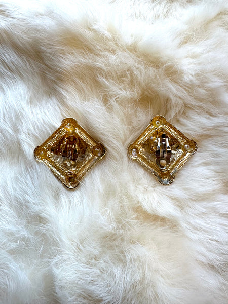 1980s red and gold faux pearl square clip-on earrings